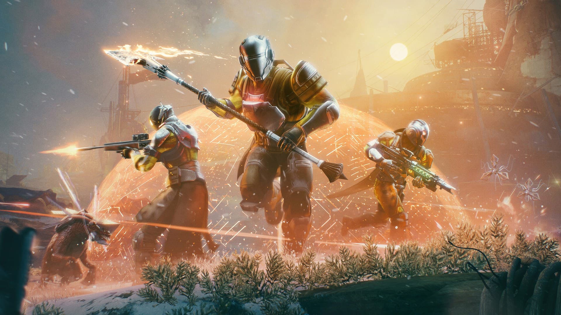 Destiny 2 Guardian standing in the Tower overlooking the Last City at sunset