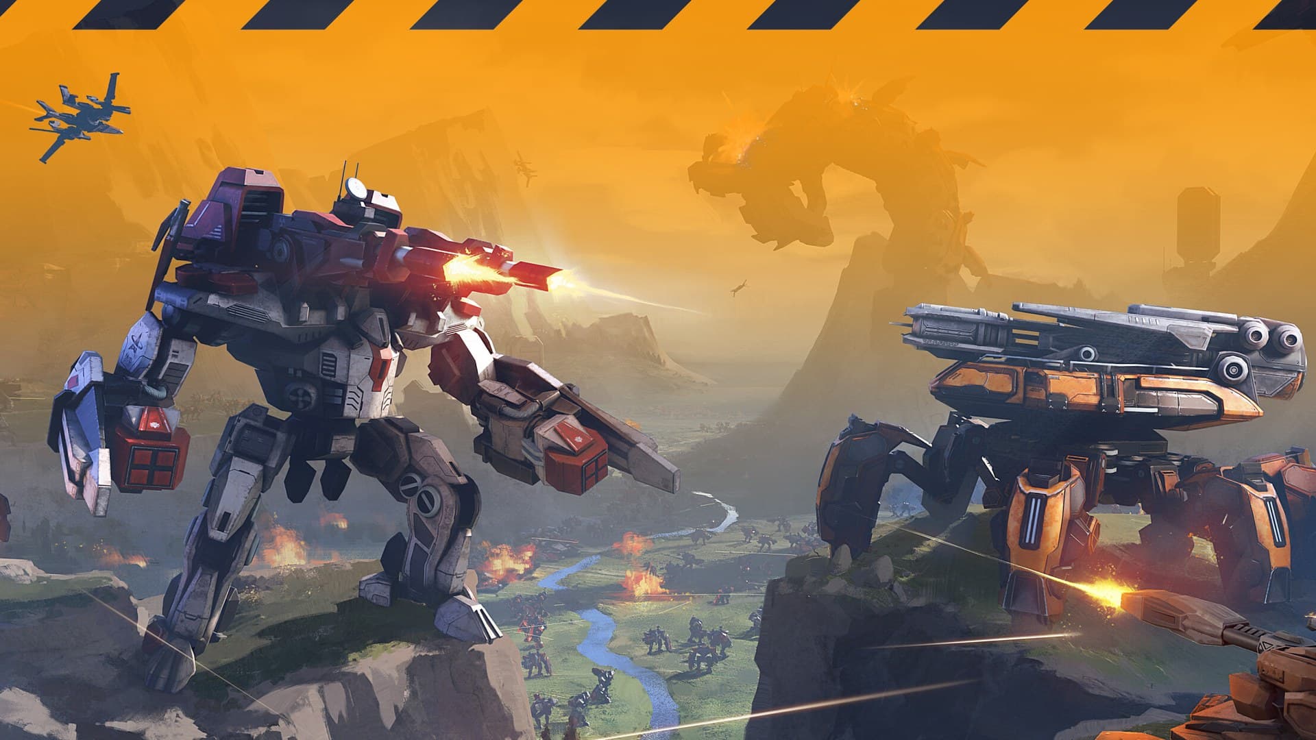 Mechabellum mech unit in combat, glowing energy effects visible