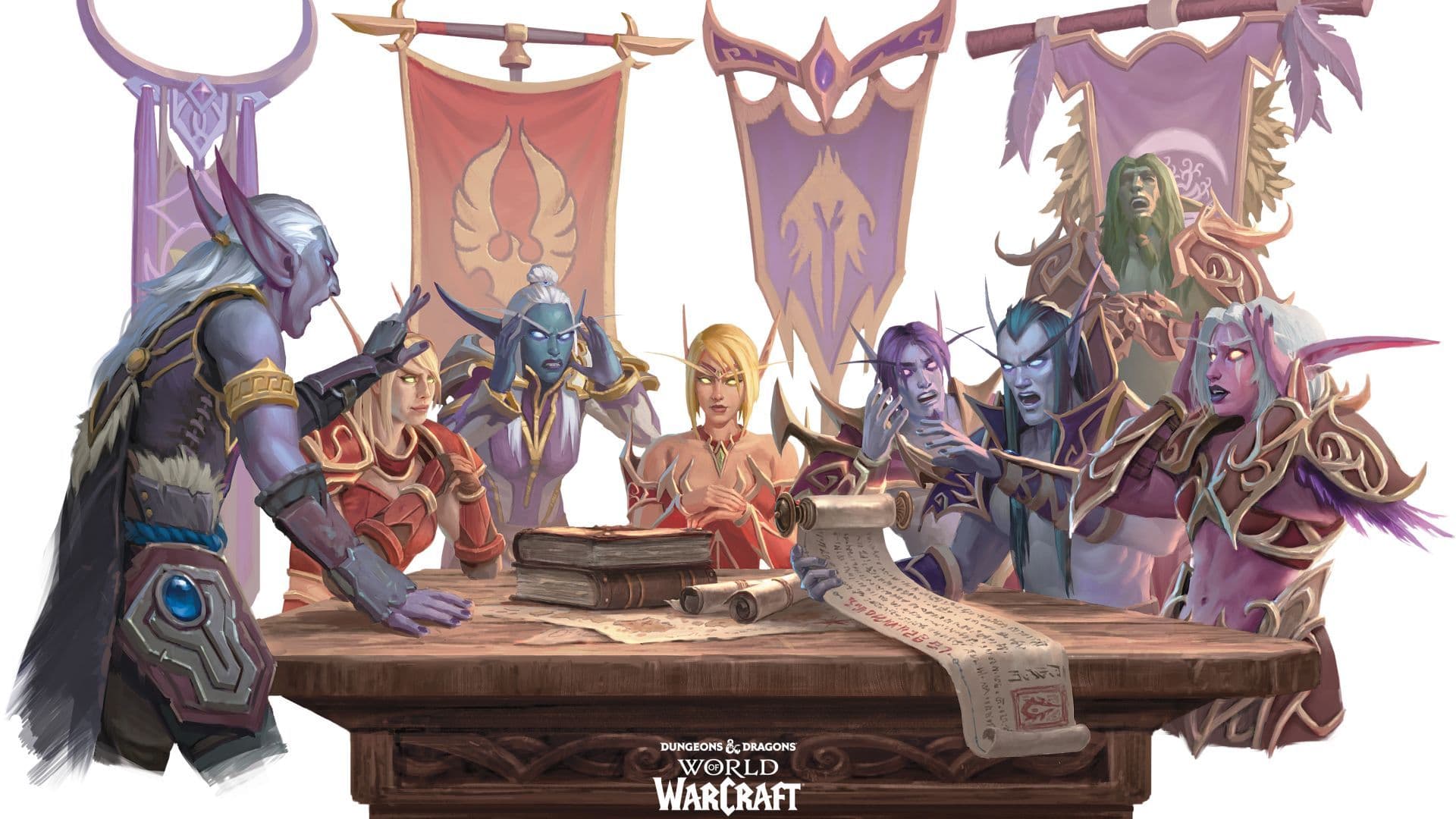 Dungeons and Dragons World of Warcraft crossover rulebook artwork featuring Azeroth characters
